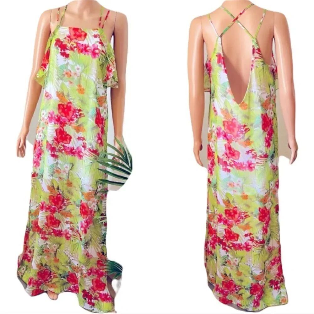 GB Tropical Print Sheer Crisscross Back Maxi Dress